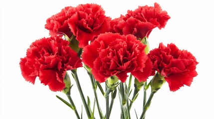 A cluster of bright red carnations with ruffled petals forming densely packed blooms. The petals have a soft, velvety texture, with the edges slightly curled. The green stems are slender and upright,