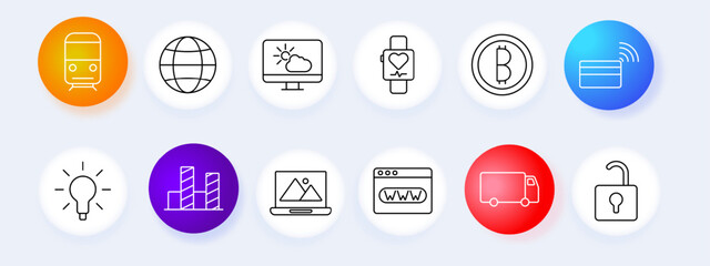 Smart devices set icon. Train, globe, weather, smartwatch, cryptocurrency, payment, lightbulb, laptop, delivery, security, vector, graphic.