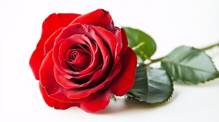 A vibrant red rose with velvety petals arranged in a classic spiral pattern. The petals are deep red with a slight sheen, creating a rich, luxurious appearance. The green stem is thick and sturdy,