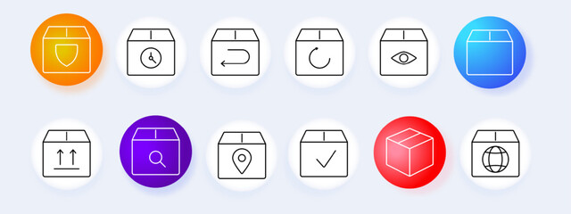 Shipping and delivery set icon. Package, tracking, return, secure, logistics, global, search, vector, graphic, technology.