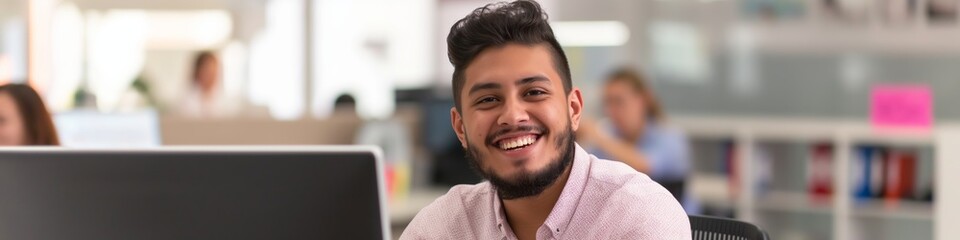 Obraz premium A confident businessman smiling in a professional portrait setting.