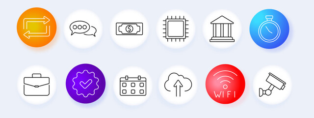 Business and security icon set. Sync, chat, money, chip, bank, clock, calendar, Wi-Fi, vector, graphic.