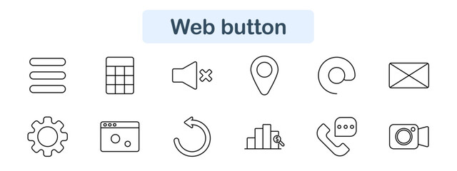 Web button set icon. Menu, grid, mute, location, circle, mail, settings, browser, refresh, stats, call, video, interface, navigation, control, option, click, digital, web, tech.