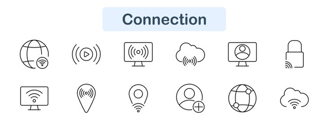 Connection set icon. Globe, wifi, monitor, cloud, profile, lock, stream, network, location, connect, broadcast, online, internet, digital, wireless, tech, data, access, multimedia, signal.