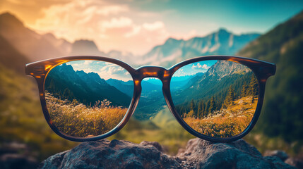pair of glasses reflecting stunning mountain landscape at sunset.