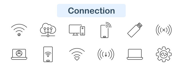 Connection set icon. Wifi, cloud, monitor, mobile, USB, tech, online, data, digital, network, alert, internet, wireless, access, communication, signal, computer, connect, multimedia, profile.