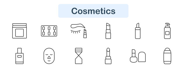 Cosmetics set icon. Jar, pills, eyebrow, lipstick, spray, lotion, face, cream, mascara, bottle, skincare, makeup, grooming, beauty, hygiene, health, cosmetic, wellness, treatment, personal.