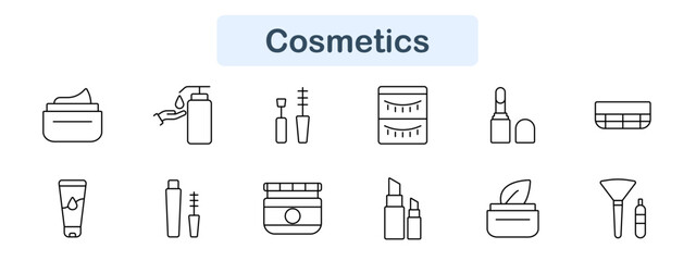 Cosmetics set icon. Cream, lotion, mascara, face, container, lipstick, skincare, makeup, grooming, beauty, hygiene, health, cosmetic, wellness, treatment, personal, spray, pamper, care, brush.