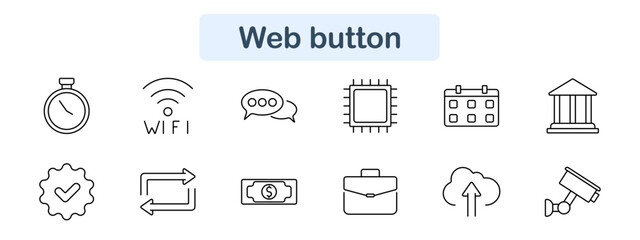Web button set icon. Stopwatch, wifi, chat, chip, calendar, building, check, transfer, money, briefcase, upload, camera, tech, digital, online, internet, interface, web, control, navigation.