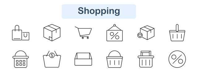 Shopping set icon. Bag, box, cart, discount, sale, basket, money, price, shop, retail, commerce, market, store, product, purchase, online, order, payment, transaction, package.