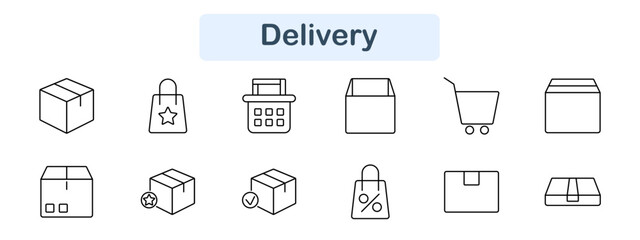 Delivery set icon. Shopping cart, package, wallet, bag, box, retail, purchase, online, checkout, order, basket, product, sale, commerce, shipping, delivery, logistics, digital, payment.