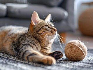 Obraz premium Tabby cat lounging beside a ball of yarn in a cozy living room setting during daylight