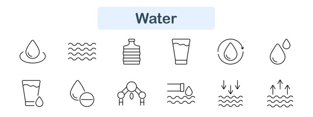 Water set icon. Droplet, wave, bottle, glass, H2O, liquid, molecule, hydration, environment, resource, clean, drink, flow, symbol, digital, online, drop, chemistry, fluid.