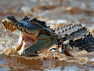 Obraz premium Crocodile attacking a deer in a river during the rainy season