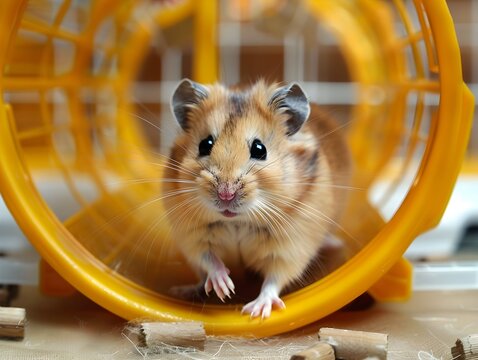 A golden hamster running joyfully inside a yellow exercise wheel in a cozy indoor setting
