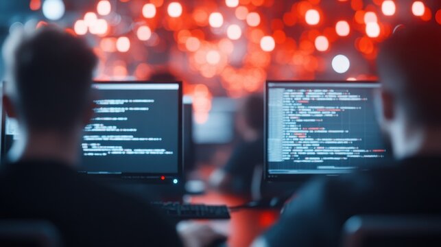 A dynamic coding hackathon showcases passionate programmers immersed in their screens under a dazzling bokeh backdrop.