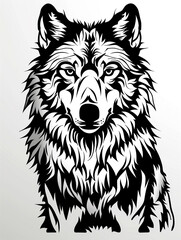 A wolf with a black and white fur. The fur is long and it has a very sharp look
