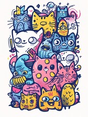 Cute Cat Doodle Illustration for Merchandise Clothing, Fashion Textile, Sport Apparel and Clothes Design Printing, Street Art Graffiti Pattern, Colorful Streetwear Design Bundle