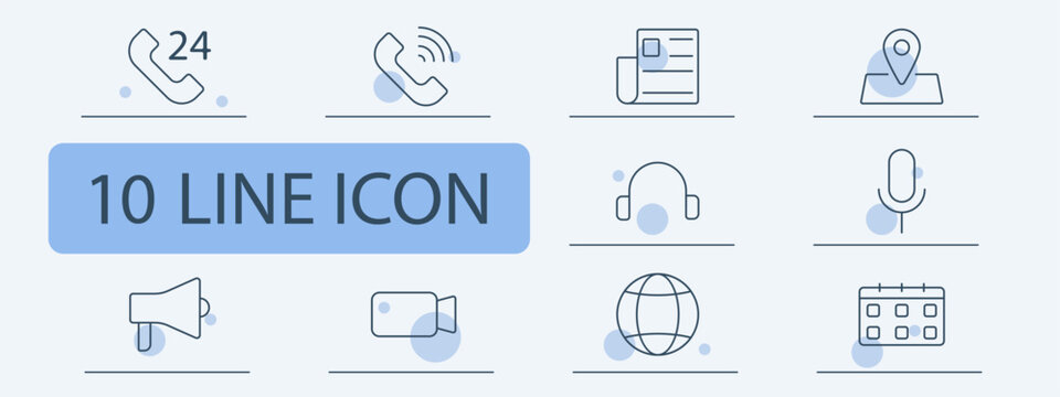 Customer service set icon. Phone, support, news, location, headset, microphone, announcement, video, globe, calendar, communication, call center, contact, global, helpdesk, assistance.