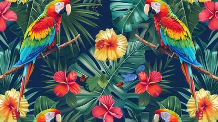 Obraz premium Two macaws are sitting on branches amid bright tropical flowers and leaves, creating a vivid natural display
