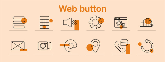 Web button set icon. Menu, grid, mute, settings, interface, email, video, location, call, refresh, interaction, online, navigation, user interface, functionality.