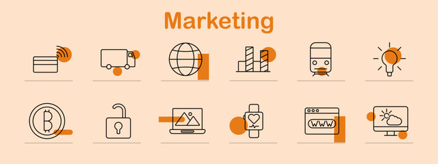 Marketing set icon. Payment, delivery, global, data, branding, innovation, bitcoin, security, analytics, digital, mobile, advertising, ecommerce, strategy, technology, internet.
