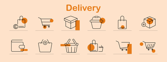 Delivery set icon. Shopping cart, package, wallet, basket, shopping bag, online order, box, payment, ecommerce, retail, purchase, shipping, logistics, consumer goods, delivery service, cart