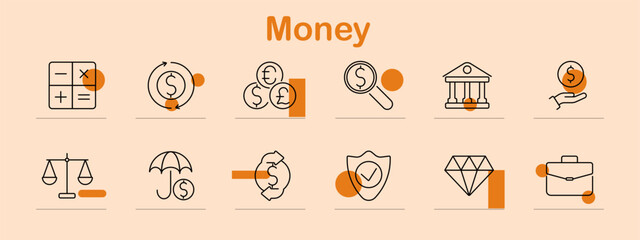 Money set icon. Calculator, currency exchange, coins, magnifying glass, bank, hand holding money, scales, umbrella, shield, diamond, briefcase, finance, banking, wealth, savings, security, insurance