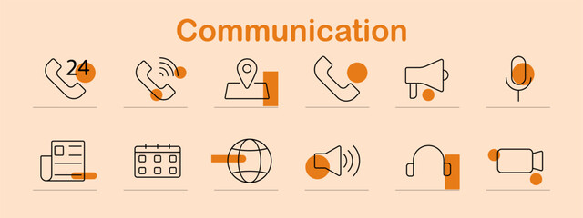 Communication icon set. Telephone, megaphone, location pin, microphone, news, calendar, globe, headset, video call, announcement, technology, global communication, customer support