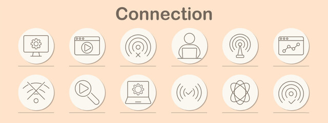 Fototapeta premium Connection icon set. Desktop settings, play button, Wi-Fi, user, analytics, network, search, router, cloud, tech, connection, digital communication, internet, online services, connectivity, technology
