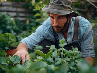 A gardener tends to young plants in a lush backyard during the late afternoon