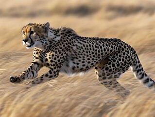 Fototapeta premium Cheetah sprinting across golden grasslands in the afternoon sun