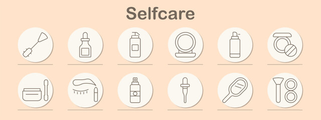 Selfcare set icon. Lotion, conditioner, serum, tooth, polish, shampoo, dropper, skincare, beauty, dental, hygiene, moisturizer, self-care, grooming, cosmetics, wellness, personal, health