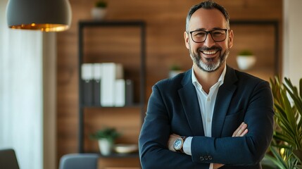 Fototapeta premium Confident Businessman Smiling in Modern Office