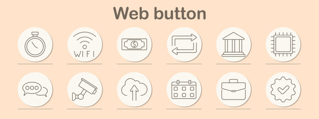 Web button set icon. Stopwatch, wifi, chat, chip, calendar, building, check, transfer, money, briefcase, upload, camera, tech, digital, online, internet, interface, web, control, navigation.