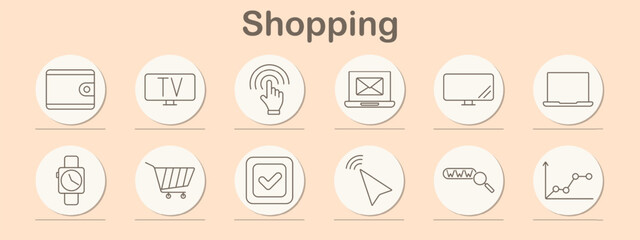 Shopping set icon. Bags, package, basket, discount, cart, percentage, delivery, box, checkout, sale, purchase, product, retail, e-commerce, store, shop, online, transaction, shipping, basket, commerce