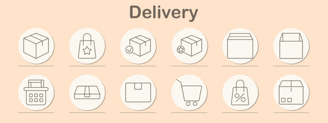 Delivery icon set. Shopping bag, basket, box, cart, tag, speech bubble, heart, money bag, online shopping, retail, package, purchase, ecommerce, consumer goods, service, transaction, shipping.