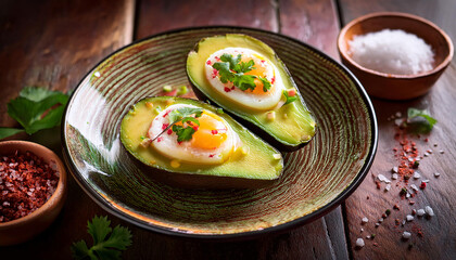 Baked avocado eggs on a plate, seasoned with spices. A healthy, vibrant dish showcasing culinary innovation