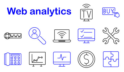 Web analytics set icon. Laptop, analytics, graph, network, wifi, dollar, tv, puzzle, settings, user, ecommerce, internet, data, monitor, business, technology, online, analysis, web, tools.