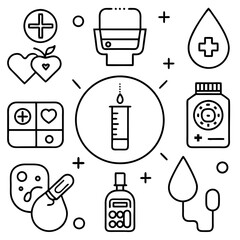 Diabetes Care Icons, Blood Sugar Test Silhouette Black Vector