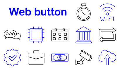 Web button set icon. Chat, processor, calendar, bank, transfer, security, portfolio, finance, surveillance, cloud storage, Wi-Fi, communication, digital, online, internet, technology, user interface