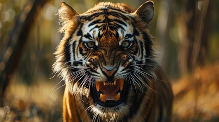A close up shot of a majestic tiger's roaring face with its mouth open,