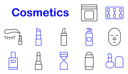 Cosmetics set icon. Lipstick, face mask, nail polish, lotion, compact, skincare, beauty, makeup, fragrance, personal care, hygiene, grooming, lips, facial, wellness, cosmetics, liquid, tools.