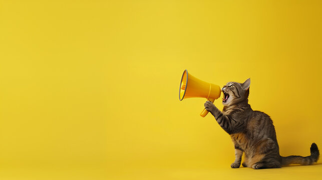 Cute cat holding a megaphone and shouting