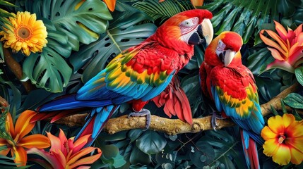 Obraz premium Macaw parrots are interacting on a branch surrounded by lush greenery and colorful flowers in a rainforest