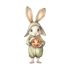 Watercolor cute little bunny holding a pumpkins with halloween vibe vector illustration, white backgound
