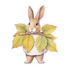 Watercolor cute bunny and maples in her neck with autumn vibe vector illustration, white background