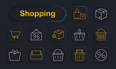 Shopping set icon. Wallet, TV, laptop, watch, cart, cursor, graph, online shopping, electronics, finance, e-commerce, digital, technology, transaction, gadgets, retail, communication, purchase.