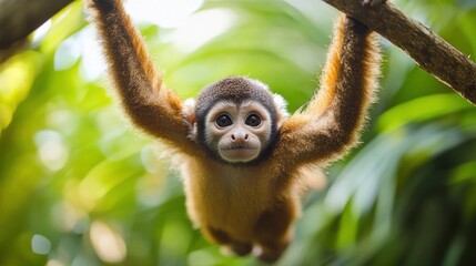 Fototapeta premium Curious Little Monkey Hanging From a Branch