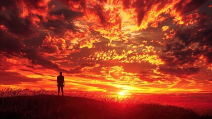 Fototapeta premium A lone figure stands on a hilltop, silhouetted against a dramatic sunset sky, contemplating the vastness of the horizon and their place in the world.